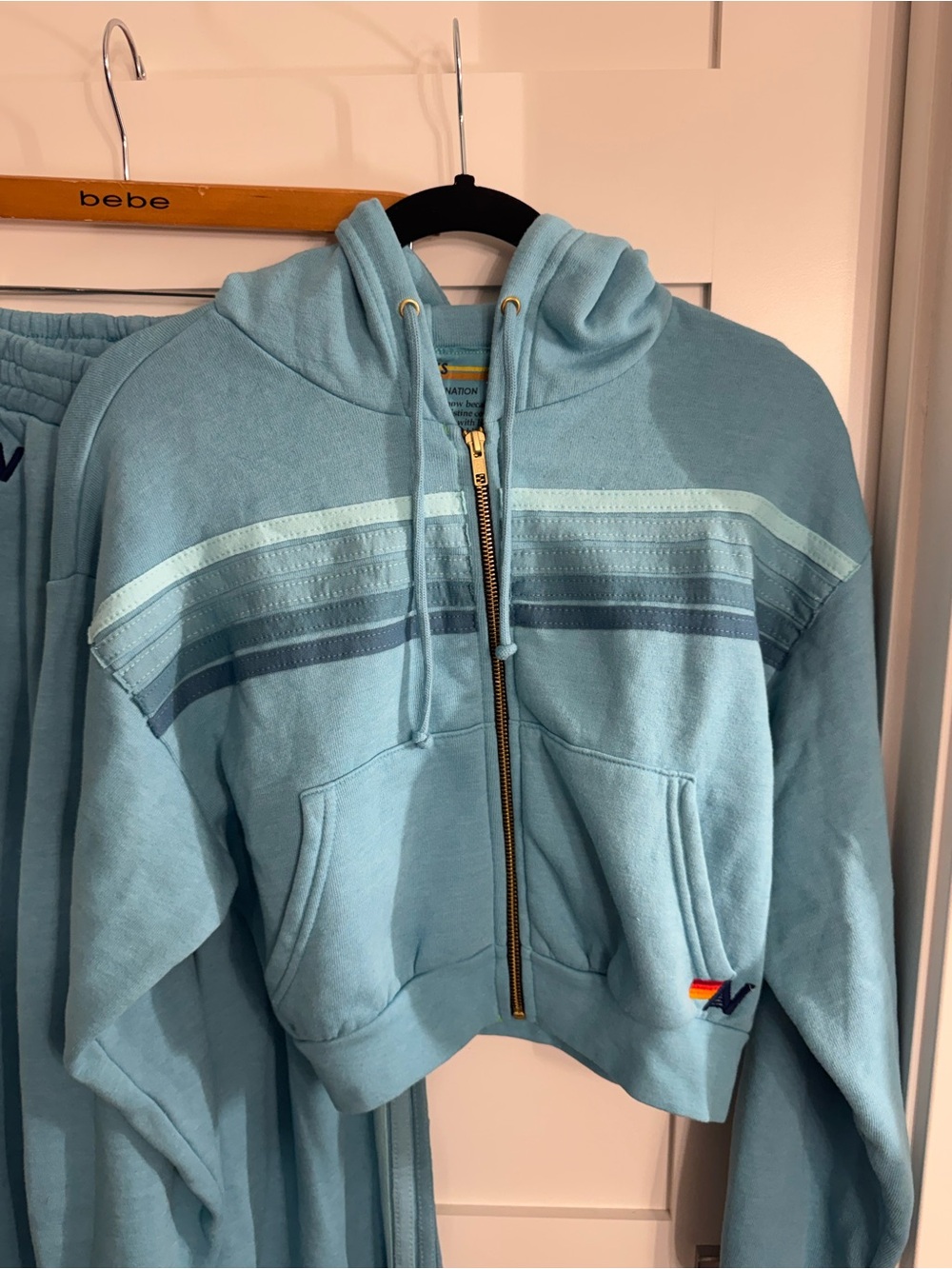 Aviator Nation 5 stripe aqua cropped hoodie and wide leg sweatpants NWOT XS set - Picture 3 of 16